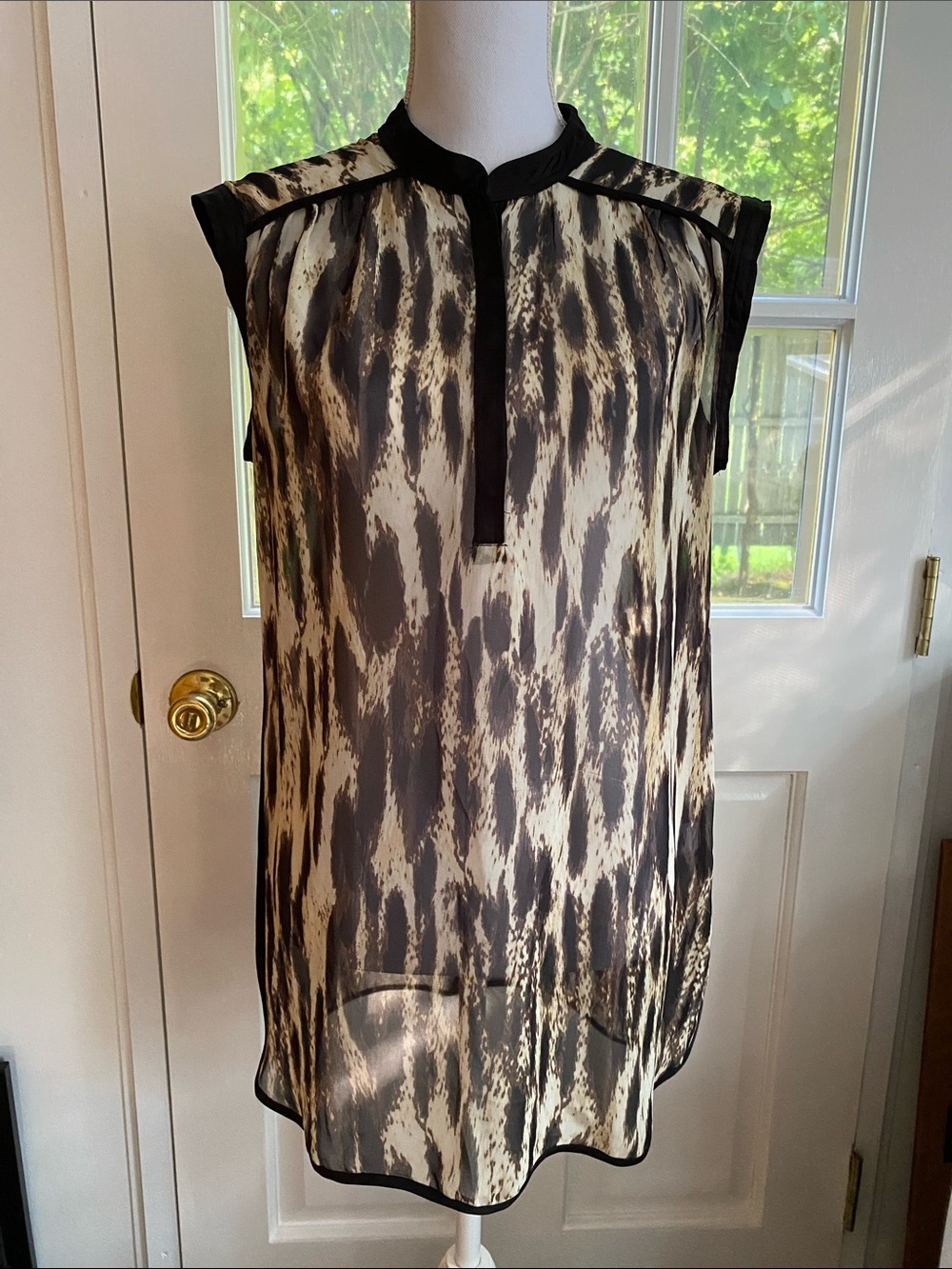 a.n.a Sheer Sleeveless Animal-Print Blouse in Black & Cream